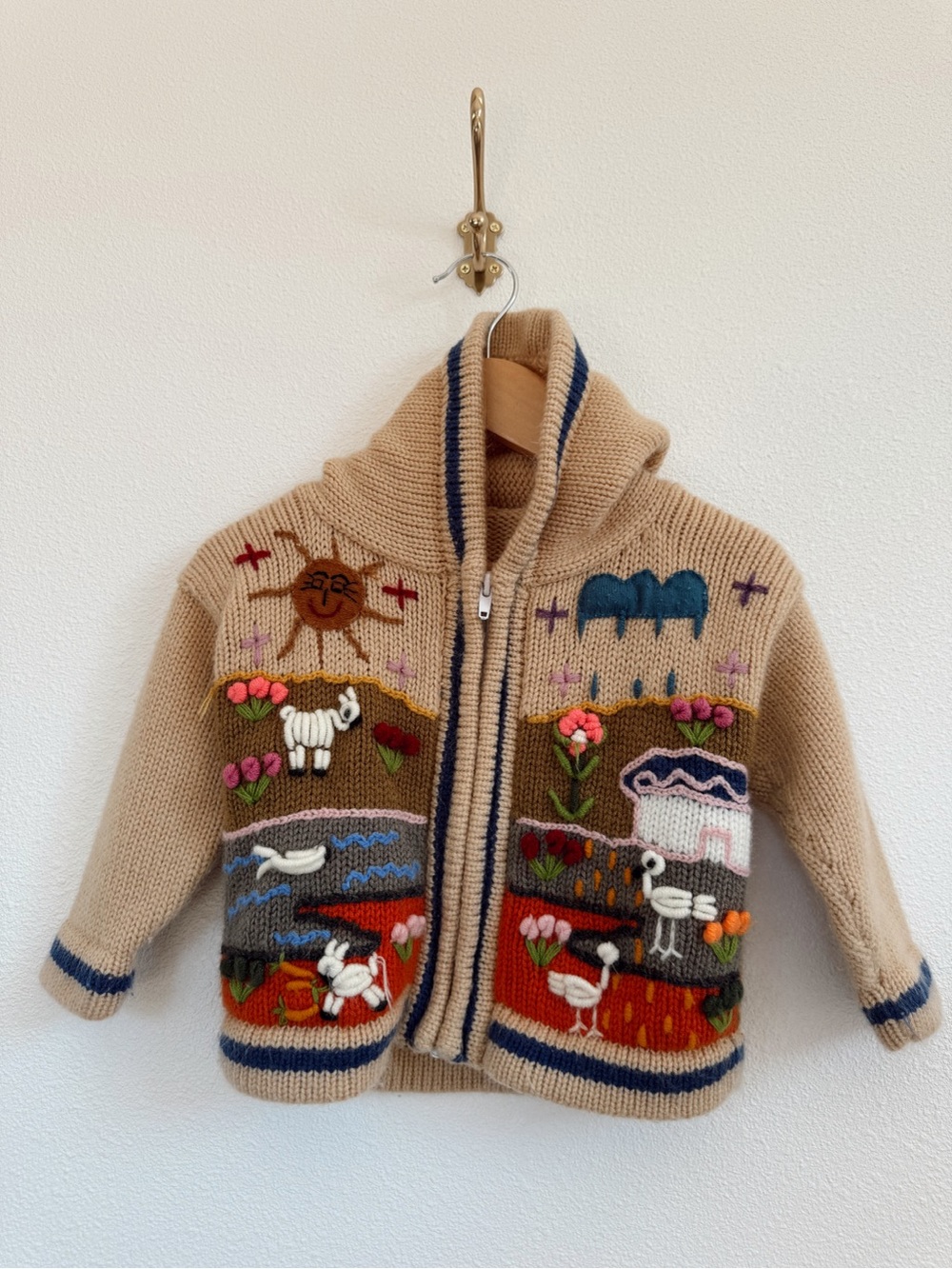 Kids Hand Knit Beige Zip-Up Embroidered Wool Jacket